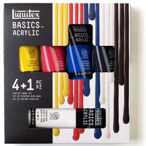 Set 5 culori acrilice Liquitex Basics, 4 x 75 ml + Titanium White 118 ml, pentru amestecuri cromatice, 3699406