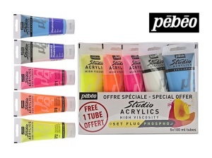 Set 5 x 100 ml culori acrilice fluorescente si fosforescente, Pebeo Studio Acrylics, 831602 - Img 3