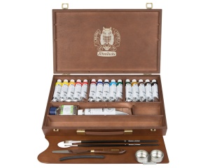 Set profesional pentru pictura in ulei Norma Professional Schmincke, 15 culori x 35 ml + alb 120 ml, cu accesorii, in cutie de lemn, cod 71115097