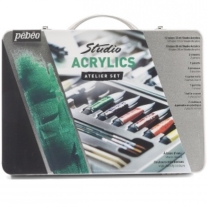 Set de pictura acrilica cu 17 culori si accesorii, in cutie metalica, Pebeo Studio Acrylics Atelier, 834610