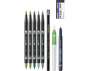 Set Watercoloring Greenery cu 5 markere acuarelabile si accesorii, Tombow, TB-WCS-GR