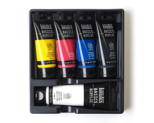 Set 5 culori acrilice Liquitex Basics, 4 x 75 ml + Titanium White 118 ml, pentru amestecuri cromatice, 3699406