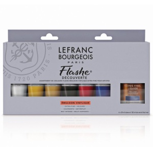 Set 6 x 20 ml culori vinilice cu finisaj mat-catifelat + vernis mat 120 ml, Lefranc & Bourgeois Flashe, 300340