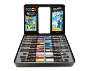 Set 20 markere cu vopsea pe baza de apa si 3 tipuri de varf, Manga Hero, cutie metalica, UNI POSCA