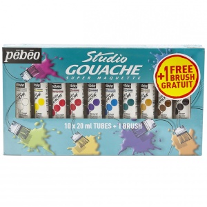 Set 10 x 20 ml culori guasa + pensula, opace si cu finisaj mat, Pebeo Studio Gouache, 230199