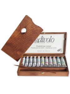Set 11 x 20 ml culori tempera in cutie din lemn, cu paleta si pensula, Divolo CAS-150