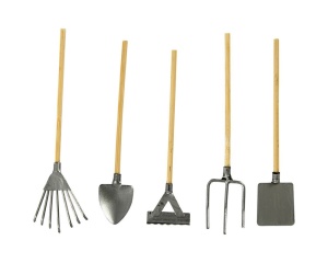 Set 5 unelte miniatura metal 11 cm pentru machetare si decor DIY