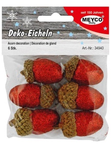 Set 6 Ghinde din polistiren cu sclipici Rosu 2x3.5cm Meyco 34940