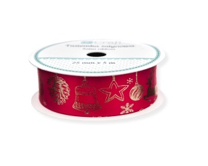 Rola Panglica din Satin Rosu Model Craciun 5mx25mm DPTA-108 Dp Craft