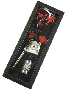 Set caligrafie Toc lemn cu penita metalica si calimara de 10cc, cu decoratiune metalica Rubinato 23/1-7