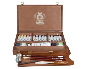 Set profesional pentru pictura in ulei MUSSINI Schmincke, 15 x 35 ml + alb 150 ml, in cutie de lemn, cod 70615097