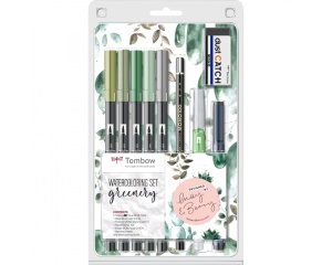 Set Watercoloring Greenery cu 5 markere acuarelabile si accesorii, Tombow, TB-WCS-GR