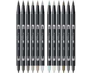 Set 12 markere Dual Brush in nuante de gri, Tombow, TB-ABT-12P-3