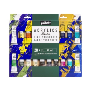 Set 20 culori acrilice Pebeo Studio Acrylics, 20 ml + pensula, pentru texturi si efecte iridescente, 833426