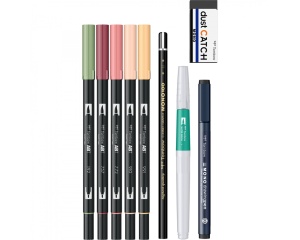 Set Watercoloring Floral cu 5 markere acuarelabile si accesorii, Tombow, TB-WCS-FL