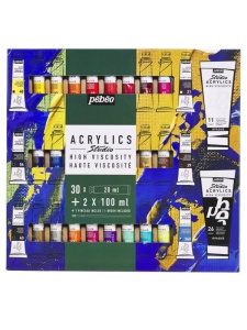 Set 32 culori acrilice Pebeo Studio, 30 x 20 ml + 2 x 100 ml, pentru texturi si efecte iridescente, 833448