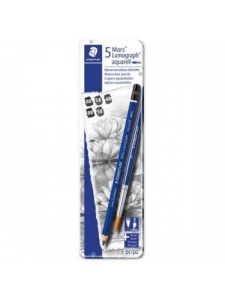 Set 5 creioane grafit acuarelabil + pensula Mars Lumograph 100A Staedtler