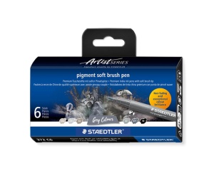 Set 6 linere Pigment Brush cu varf tip pensula moale, nuante de gri, 372-C6, Staedtler