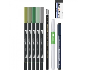 Set Watercoloring Greenery cu 5 markere acuarelabile si accesorii, Tombow, TB-WCS-GR