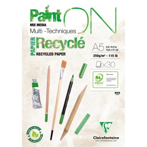 Bloc Mix Media Clairefontaine Paint'ON Recycled, 30 file, 250g/mp
