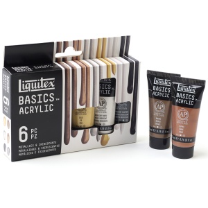 Set 6 culori acrilice metalice si iridescente Liquitex Basics, 22 ml, pentru accente si efecte decorative, 3699399