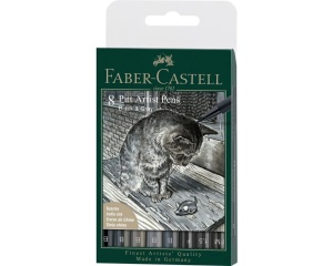 Set 8 markere Pitt Artist Pen negru si gri cu tus pigmentat Faber-Castell FC167171