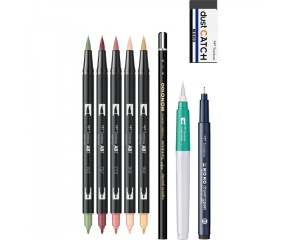Set Watercoloring Floral cu 5 markere acuarelabile si accesorii, Tombow, TB-WCS-FL