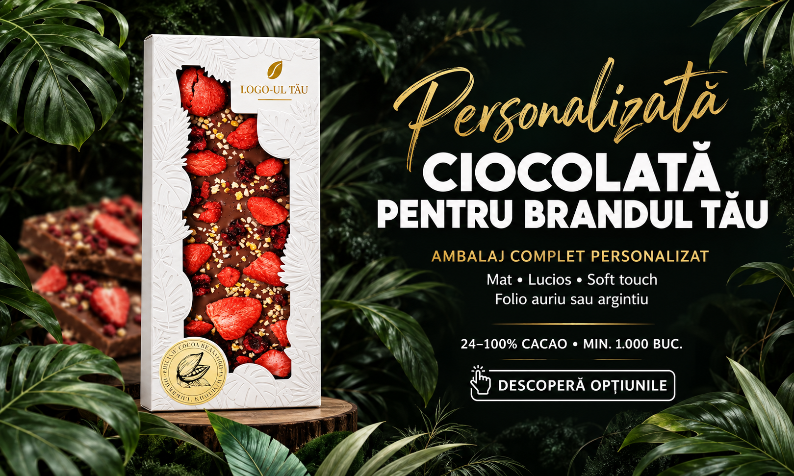 Ciocolată în cutie albă cu fereastră și fructe, personalizabilă pentru brandul tău