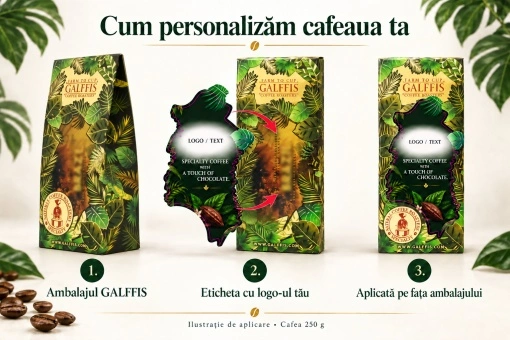 Cum aplicăm eticheta personalizată pe ambalajul de cafea 250 g – ilustrație cu săgeți