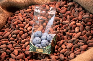 Drajeuri GALFFIS cu afine de pădure și ciocolată albă, 100 g – prezentare pe boabe de cacao