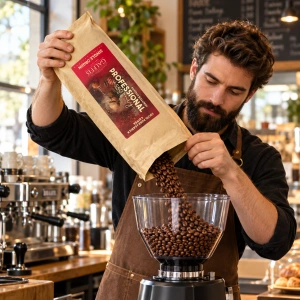 GALFFIS Professional Single Origin 1 kg – imagine ilustrativă: barista alimentează râșnița profesională