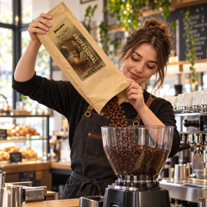 GALFFIS Professional Parfumé 1 kg – imagine ilustrativă: barista alimentează râșnița profesională