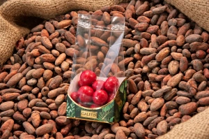 Drajeuri GALFFIS cu vișine și ciocolată albă – detaliu pe boabe de cacao