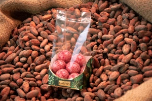 Drajeuri GALFFIS cu zmeură și ciocolată albă, 100 g – prezentare pe boabe de cacao