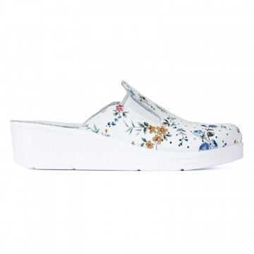 Saboti de lucru pentru femei Alice 804/I O1 FO SRA, din piele, fara bombeu, cu imprimeu floral decorativ, albi