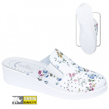 Saboti de lucru pentru femei Alice 804/I O1 FO SRA, din piele, fara bombeu, cu imprimeu floral decorativ, albi - Img 2