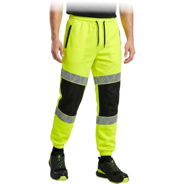 Pantaloni de lucru barbati, in talie Krast, reflectorizanti, din tricot cu interior fleece, buzunare multiple, insertii Oxford 300D, toamna, galben neon/negru