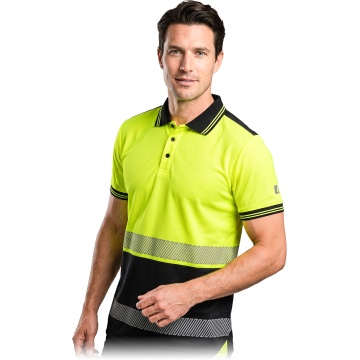Tricou polo reflectorizant IGUANA din poliester tip plasa, cu benzi reflectorizante segmentate si material fluorescent