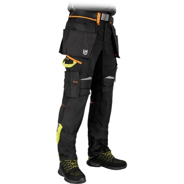 Pantaloni de protectie in talie HarverCool, de barbati, material mixt poliester-bumbac, cu suport pentru ciocan, bucla pentru accesorii, negru/galben