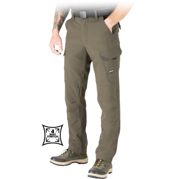 Pantaloni protectie, de barbati, in talie Rancher, impermeabili, material Softshell in 3 straturi, tesatura 4-way stretch, genunchi preformati, de toamna, khaki-maro