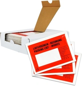 Plicuri Port-Document AWB C5 Packing List/Invoice, 225x165mm, Autoadeziv, Roșu/Transparent, 50Buc/Set