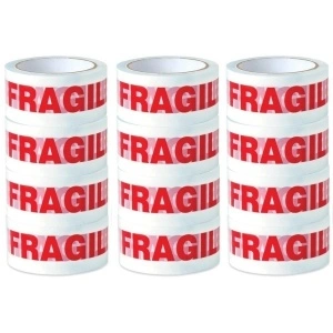 Bandă Adezivă FRAGIL, 48mm/60 Metri, Acril, Alb/Roșu, 12 Bucăți/Set