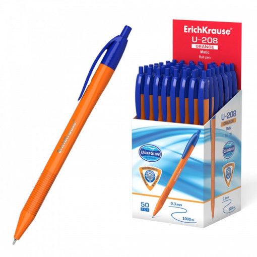 Pix cu mecanism U-208 Classic, corp orange, scriere albastru, vf 1mm