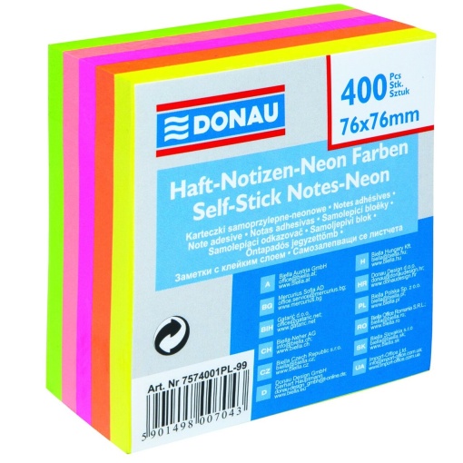 Cub notes autoadeziv 76x76mm, 400 file, Donau - 5 culori fluorescente