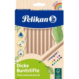 Creioane color jumbo 12/set, Pelikan, sectiune triunghiulara, mina 5mm, lemn natur