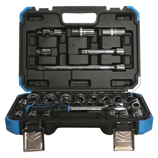 Комплект глухи ключове FIXTEC 32 части 1/2", CR-V, с реверсивен тресчотков механизъм и пластмасова кутия