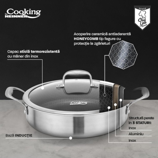 Cratita din inox cu capac, acoperire ceramica HONEYCOMB, dimensiune 30x7.8 cm, 4.8l, Heinner Titanium MRK-30C - Img 3