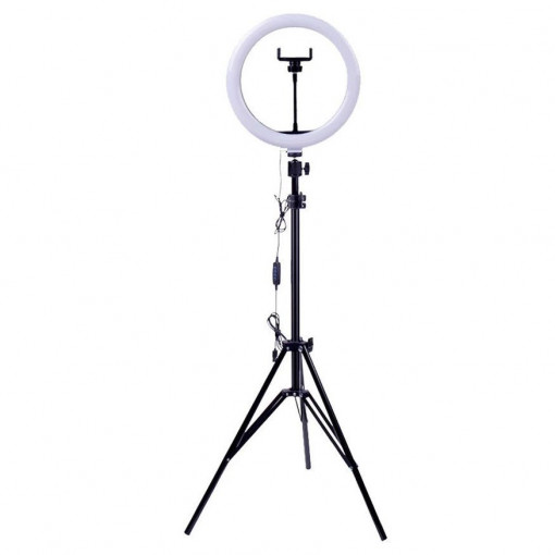 Lampa circulara Ring Light, diametru 10&quot;, lumina calda/rece, telecomanda pe fir, suport telefon, trepied reglabil - Img 2