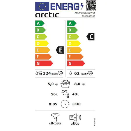 Masina de spalat rufe cu uscator Arctic APLWD851262WST, Spalare 8 kg, Uscare 5 kg, 1200 rpm, Clasa C, Motor Silent Inverter, HomeWhiz, ExtraSteam, Alb - Img 5