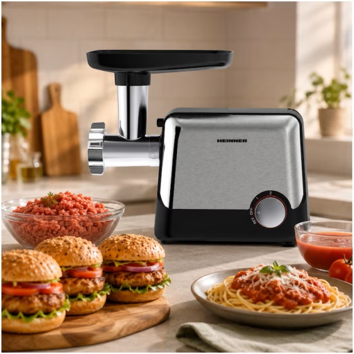 Masina de tocat Heinner DualSteel HMG-2100BKS3, 2100W, 1.8 kg/min, 2 viteze + Reverse, accesoriu rosii, accesorii kibbe si carnati - Img 8